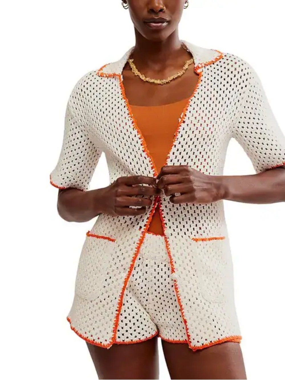 Free People Ivory Crochet Cabana Top with Orange Trim